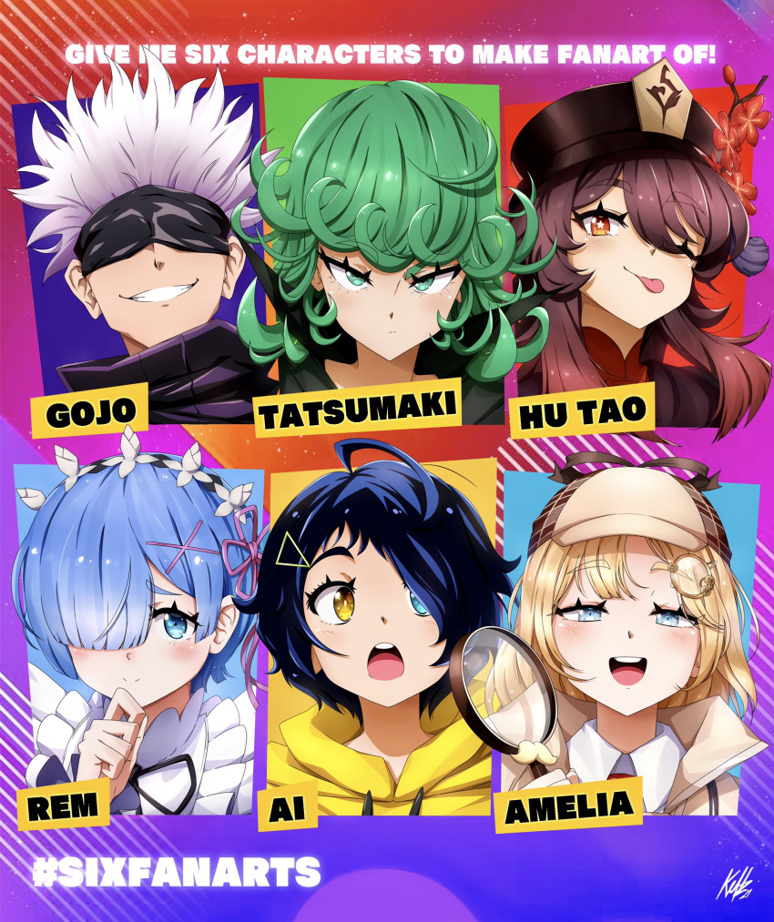 1boy, 5girls, bangs, black_hair, black_headwear, blindfold, blue_eyes, blue_hair