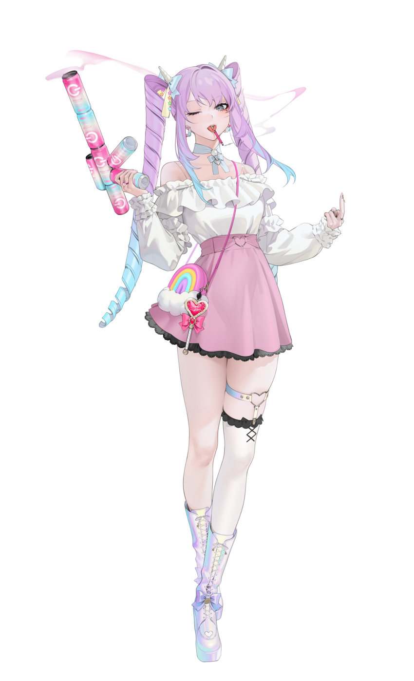 1girl, :d, ;d, absurdres, bag, bangs, bare_shoulders, boots, bow, can, cigarette, clothes_tucked_in, collarbone, commentary_request, dress, drill_hair, drill_hair_girl_(ohisashiburi), earrings, eyebrows_visible_through_hair, facial_tattoo, footwear_bow, forked_tongue, full_body, hair_bow, hands_up, heart, heart_tattoo, highres, holding, horns, index_finger_raised, jewelry, knee_boots, long_hair, long_sleeves, looking_at_viewer, multicolored_bag, nail_polish, o-ring, off-shoulder_sweater, off_shoulder, ohisashiburi, one_eye_closed, open_mouth, original, pink_bow, pink_hair, pink_nails, pink_skirt, purple_hair, ring, simple_background, skindentation, skirt, smile, smoke, solo, staff, standing, sweater, tattoo, teeth, thigh_strap, tongue, tongue_hold, twin_drills, twintails, white_background, white_footwear, white_horns, white_nails, white_sweater