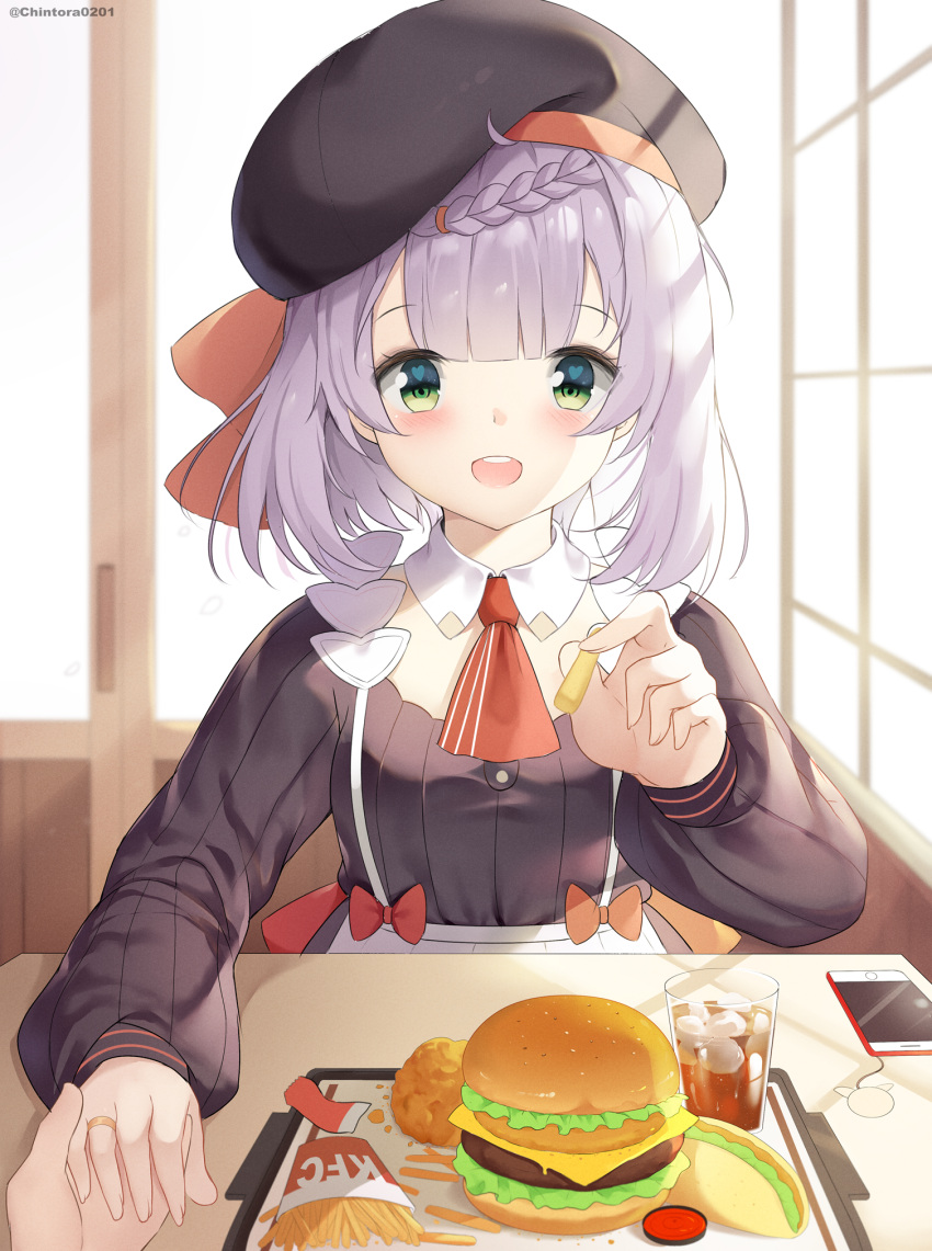1girl, :d, artist_name, bangs, beret, blush, bow, braid