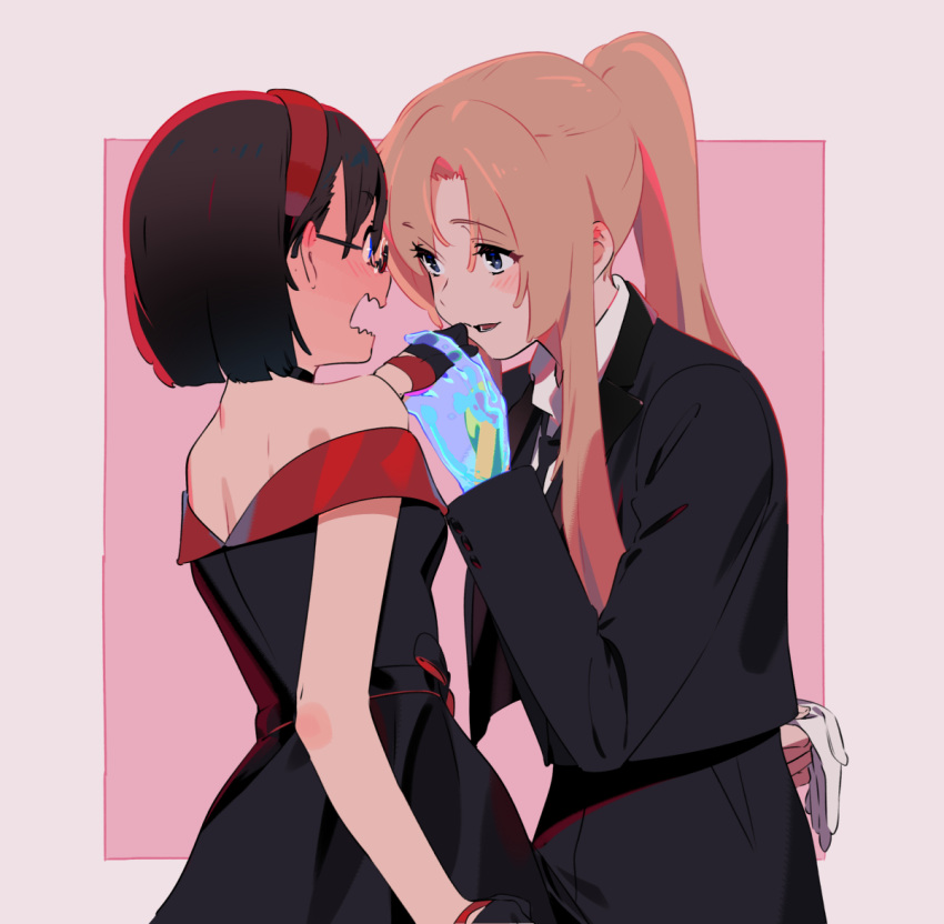 alternate_costume, alternate_hairstyle, arm_behind_back, bare_shoulders, black_hair, blonde_hair, blush, dress