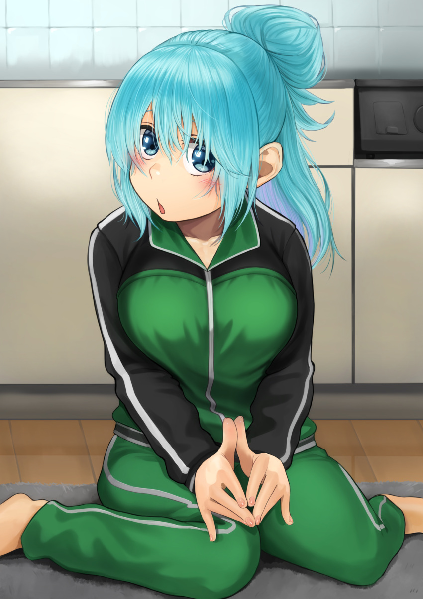1girl, :o, aqua_(konosuba), bangs, barefoot, black_jacket, blue_eyes, blue_hair