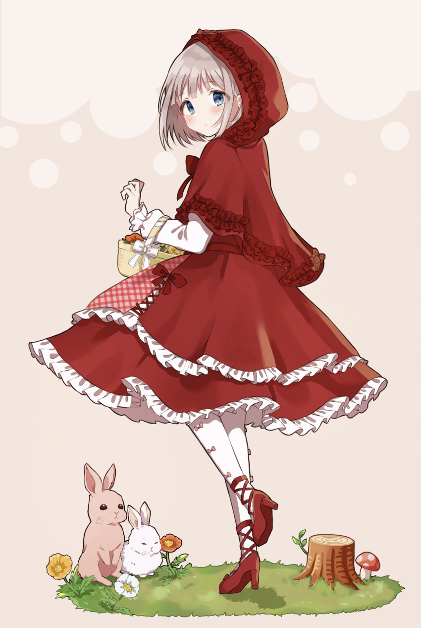 1girl, alternate_costume, bangs, basket, blue_eyes, bubble_background, cosplay, dress, eyebrows_visible_through_hair, flower, frilled_dress, frilled_skirt, frilled_sleeves, frills, grass, grey_hair, highres, idolmaster, idolmaster_shiny_colors, little_red_riding_hood, little_red_riding_hood_(grimm), little_red_riding_hood_(grimm)_(cosplay), long_sleeves, looking_at_viewer, looking_back, meno_(imas_ll), rabbit, red_footwear, red_ribbon, ribbon, serizawa_asahi, short_hair, skirt, solo, standing, standing_on_one_leg, white_legwear