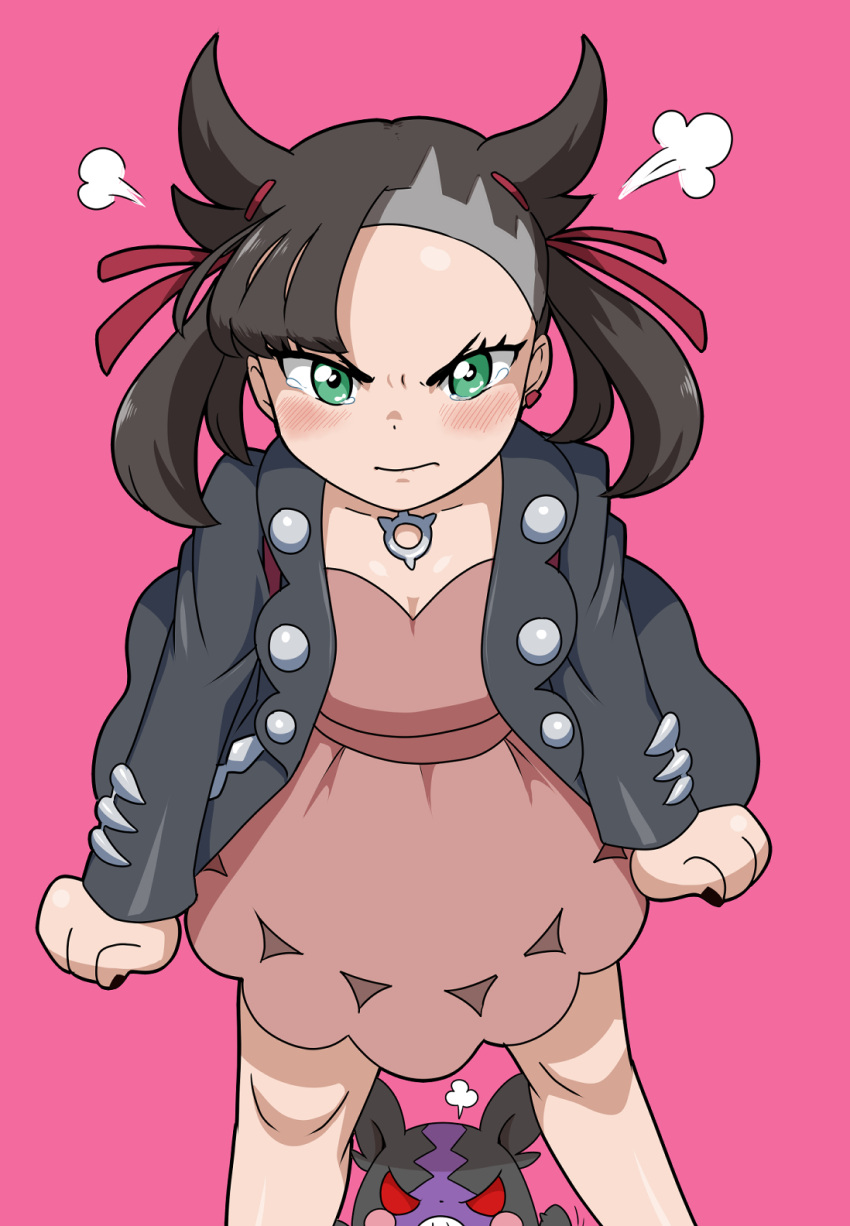 =3, angry, asymmetrical_bangs, bangs, black_hair, black_jacket, black_nails, dress