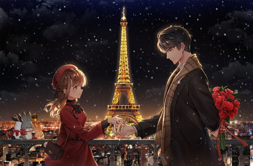 1boy, 1girl, arm_behind_back, bag, black_hair, bouquet, braid, brown_hair