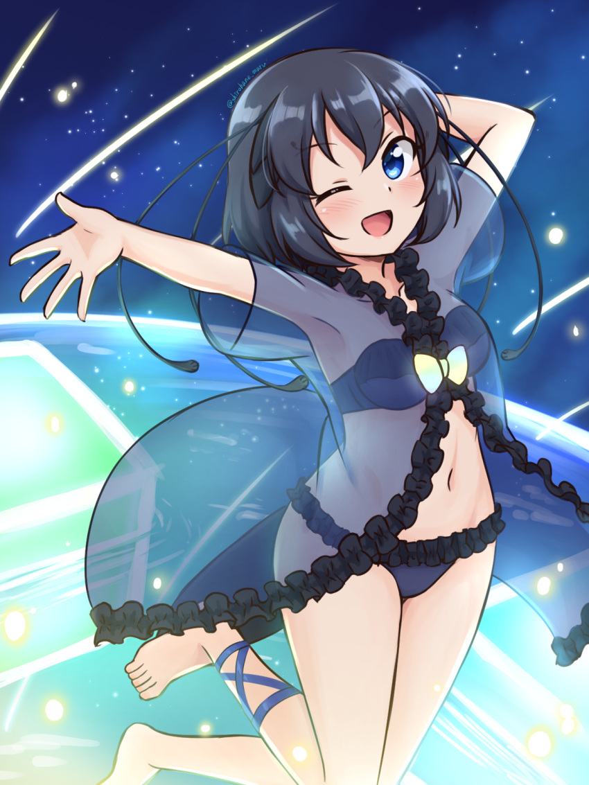 1girl, ;d, antennae, arm_behind_head, bare_arms, barefoot, black_hair, blue_eyes, blush, commentary, cosplay, frills, highres, japanese_giant_salamander_(kemono_friends), japanese_giant_salamander_(kemono_friends)_(cosplay), kemono_friends, lingerie, looking_at_viewer, navel, nightgown, one_eye_closed, open_mouth, outstretched_arm, see-through, shiraha_maru, short_hair, smile, solo, tail, twitter_username, underwear, western_parotia_(kemono_friends)
