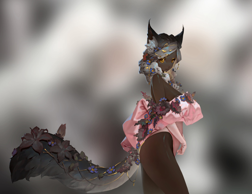 1girl, animal_ears, b.bor, bangs, bare_shoulders, black_flower, black_hair, blue_gloves