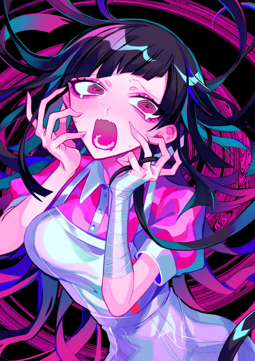 1girl, apron, bandaged_arm, bandages, bangs, black_background, blue_hair, blush, breasts, commentary_request, cowboy_shot, crazy_eyes, crying, crying_with_eyes_open, dangan_ronpa_(series), dangan_ronpa_2:_goodbye_despair, fangs, floating_hair, hands_up, highres, himanemuitoma, large_breasts, long_hair, looking_at_viewer, lower_teeth, open_mouth, pink_background, pink_eyes, pink_hair, pink_shirt, puffy_short_sleeves, puffy_sleeves, shiny, shiny_hair, shirt, short_sleeves, skin_fangs, solo, tears, tsumiki_mikan, white_apron