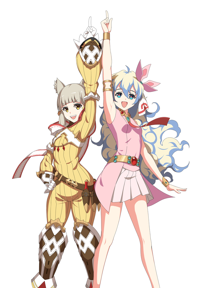 +_+, animal_ears, bangs, blunt_bangs, bodysuit, breasts, cat_ears, crossover, facial_mark, flat_chest, gloves, nia_(xenoblade), nia_teppelin, qingwa_fu_luo, short_hair, silver_hair, small_breasts, tengen_toppa_gurren_lagann, white_gloves, xenoblade_chronicles_(series), xenoblade_chronicles_2, yellow_bodysuit, yellow_eyes