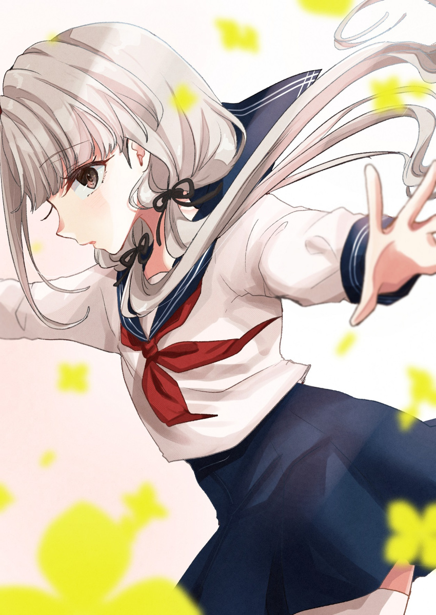 1girl, alternate_costume, bangs, bike_shorts, blurry, blurry_foreground, depth_of_field, eyebrows_visible_through_hair, forsythia, grey_hair, hair_ornament, hair_ribbon, highres, hisakawa_nagi, idolmaster, idolmaster_cinderella_girls, long_sleeves, looking_at_viewer, looking_to_the_side, neckerchief, outstretched_arms, profile, ribbon, rino_cnc, school_uniform, serafuku, simple_background, sleeve_cuffs, sleeves_past_wrists, solo, spread_arms, twintails, white_background, wind