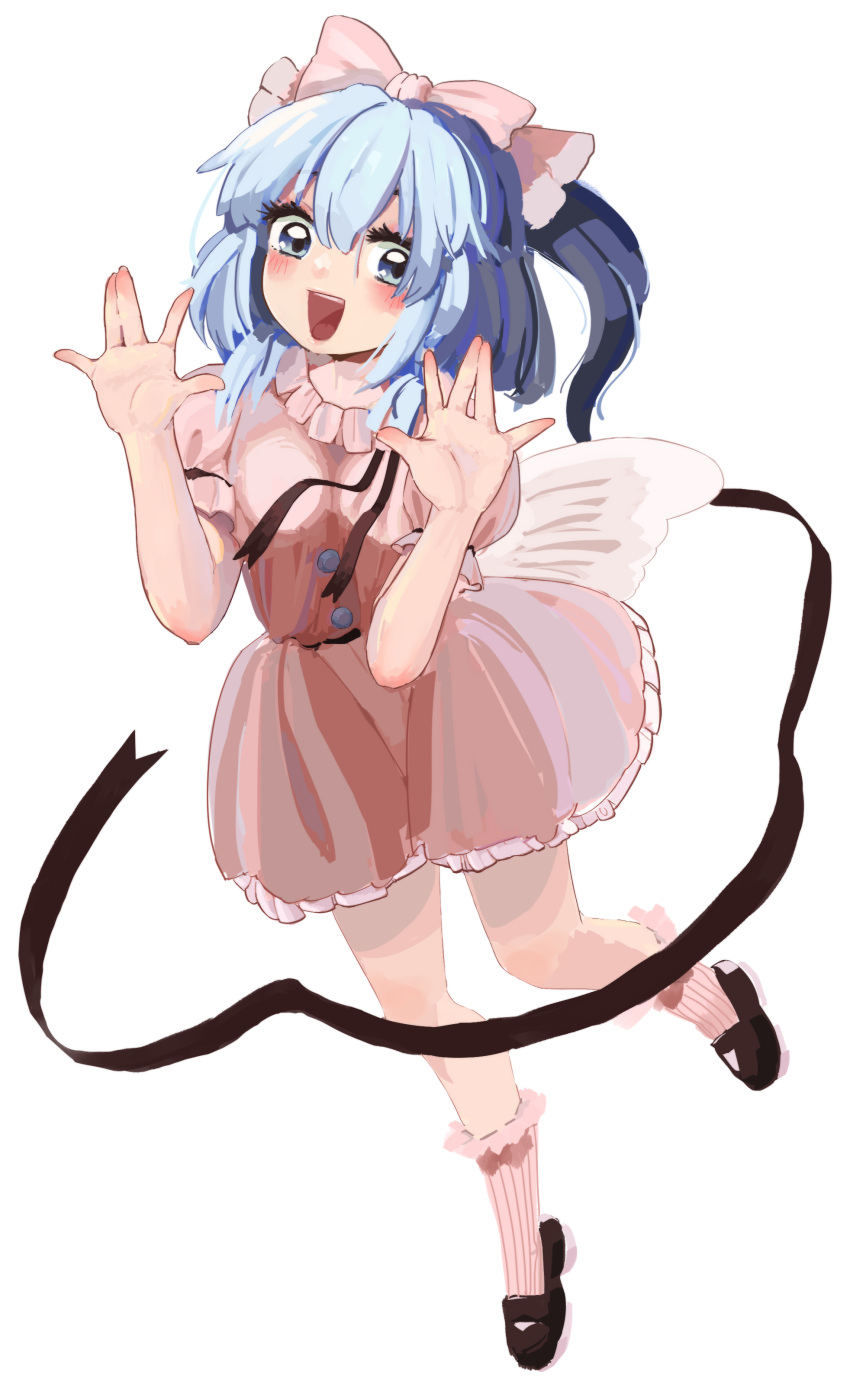 1girl, :d, \||/, absurdres, bangs, black_footwear, black_ribbon, blue_eyes