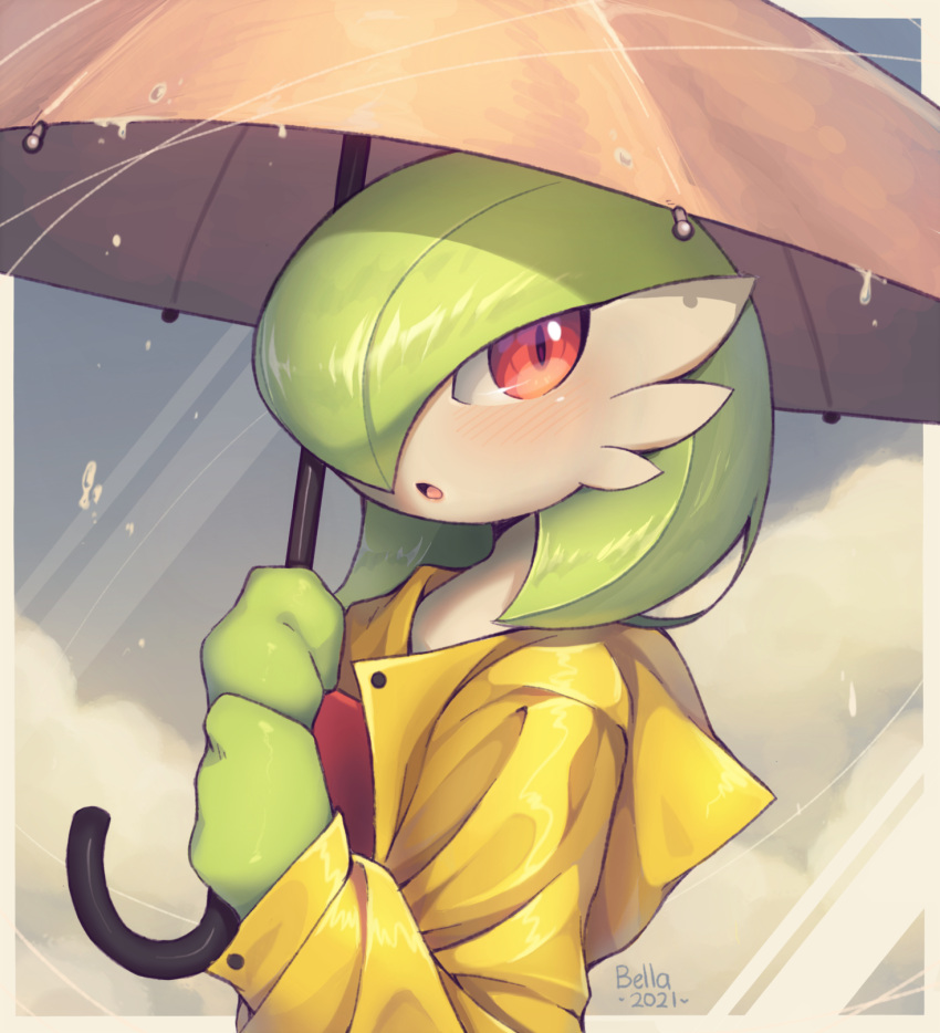 :o, artist_name, bellavoirr, blush, buttons, clothed_pokemon, commentary, dated, english_commentary, gardevoir, gen_3_pokemon, hands_up, highres, holding, holding_umbrella, looking_back, open_mouth, orange_eyes, pokemon, raincoat, tongue, umbrella, water_drop