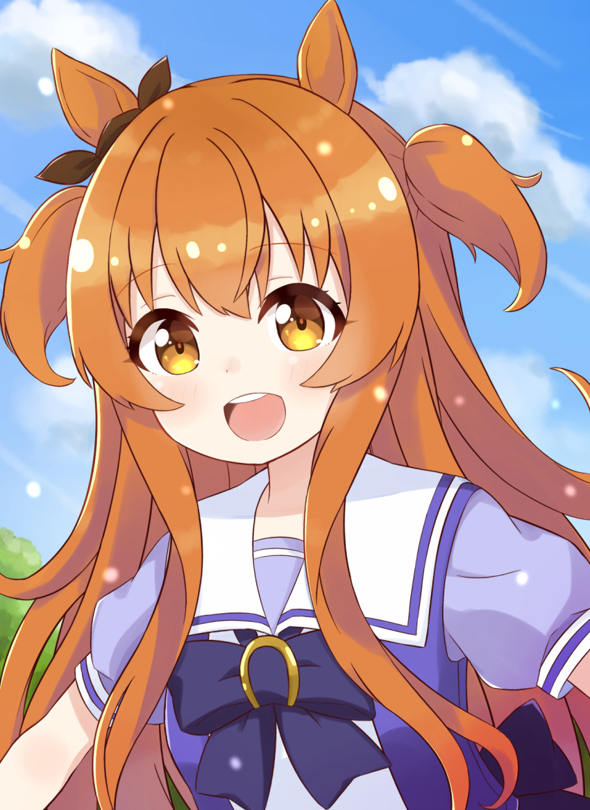1girl, :d, animal_ears, back_bow, bangs, black_ribbon, blue_sky, bow