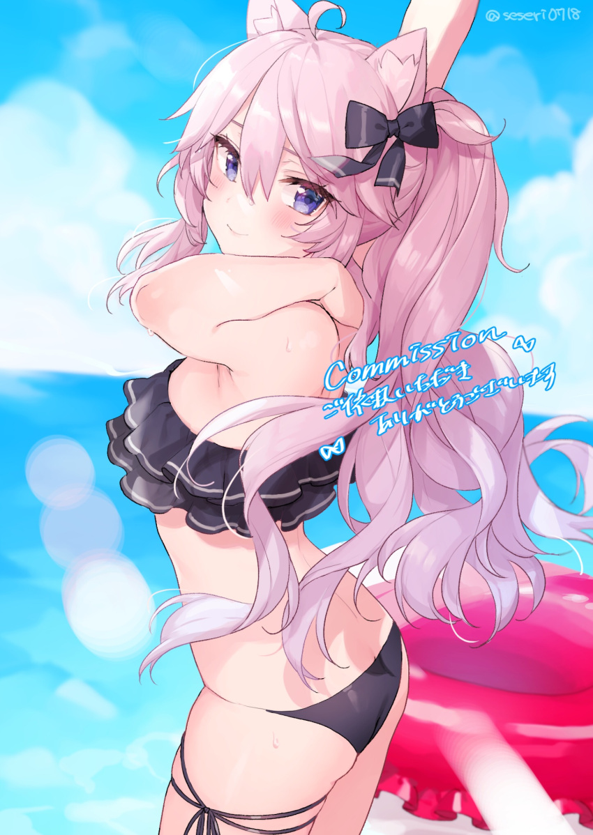 1girl, ahoge, animal_ears, arched_back, arm_up, armpits, bandeau, bangs