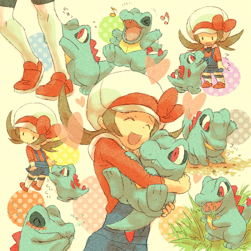 1girl, brown_hair, grass, happy, hat, hat_ribbon, hug, kotone_(pokemon)