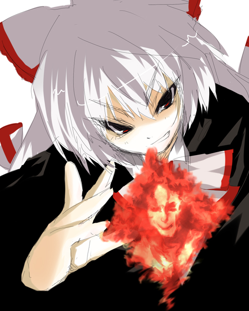 bad_id, face, fire, fujiwara_no_mokou, inagata, smirk, solo, touhou