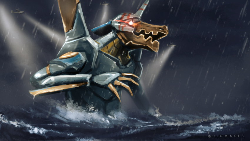 crossover, glowing, glowing_eyes, highres, hololive, mecha, mechanization, neon_genesis_evangelion, no_humans, ocean, oozora_subaru, pacific_rim, rain, science_fiction, solo, storm, subangelion, virtual_youtuber