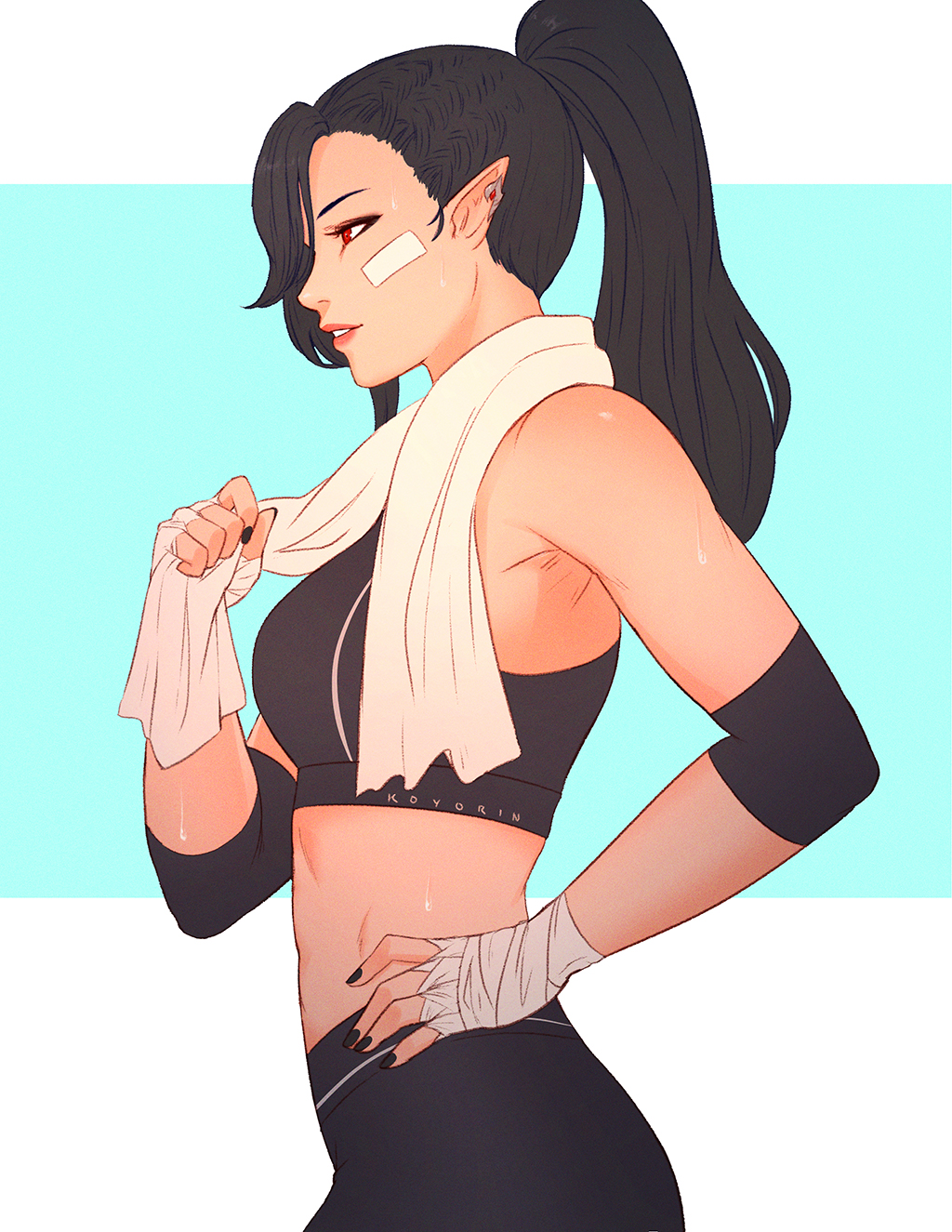 1girl, bandaged_hands, bandages, bangs, breasts, cowboy_shot, earrings, elbow_sleeve