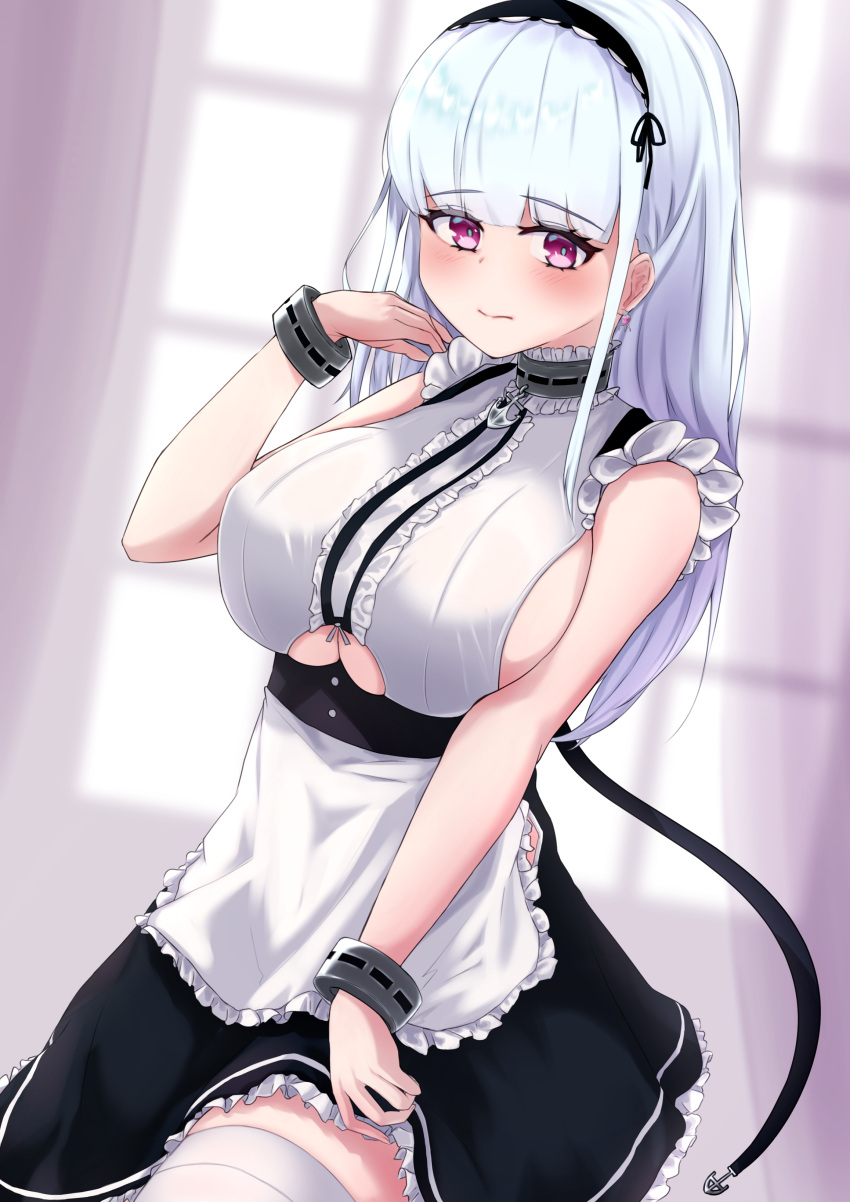 1girl, absurdres, anchor, apron, azur_lane, black_hairband, black_skirt, blue_hair, breasts, ccveru, center_frills, clothing_cutout, collar, dido_(azur_lane), earrings, eyebrows_visible_through_hair, frilled_apron, frilled_shirt, frills, hairband, high-waist_skirt, highres, jewelry, large_breasts, light_blue_hair, long_hair, metal_collar, shirt, sideboob, skirt, sleeveless, sleeveless_shirt, solo, thigh-highs, under_boob, underboob_cutout, violet_eyes, white_apron, white_legwear, white_shirt, wrist_cuffs