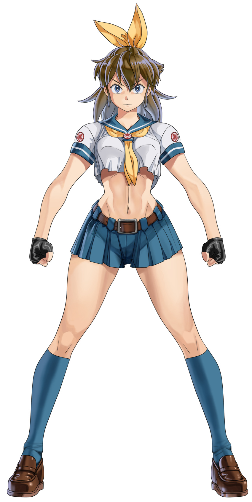 1girl, absurdres, belt, belt_buckle, between_breasts, black_gloves, blue_eyes, blue_legwear, blue_skirt, bow, breasts, brown_belt, brown_footwear, brown_hair, buckle, clenched_hands, crop_top, facing_viewer, fingerless_gloves, full_body, gloves, hair_ribbon, highres, kneehighs, legs_apart, loafers, long_hair, long_legs, m.u.g.e.n, medium_breasts, midriff, miniskirt, mugen_ryuko, navel, oggy_(oggyoggy), original, perky_breasts, pleated_skirt, ponytail, ribbon, school_uniform, serafuku, shoes, skirt, solo, standing, toned, transparent_background, yellow_bow, yellow_neckwear, yellow_ribbon