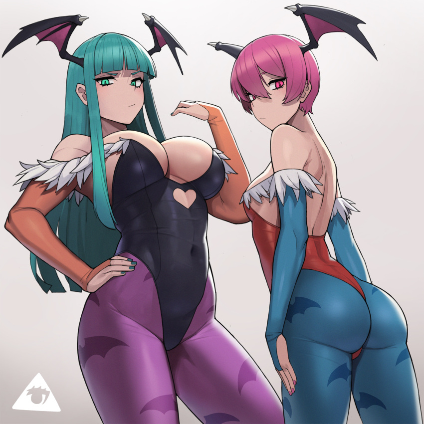 2girls, animal_print, aqua_eyes, aqua_hair, ass, bangs, bare_shoulders, bat_print