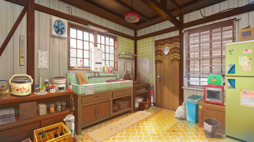 108, bead_curtain, blinds, bottle, box, bucket, cardboard_box, crate, cutting_board, door, fan, indoors, jar, kettle, kitchen, ladle, microwave, no_humans, original, refrigerator, rice_cooker, scenery, sink, soy_sauce, spatula, sugar_bowl, thermometer, thermos, toaster, trash_bag, trash_can, window