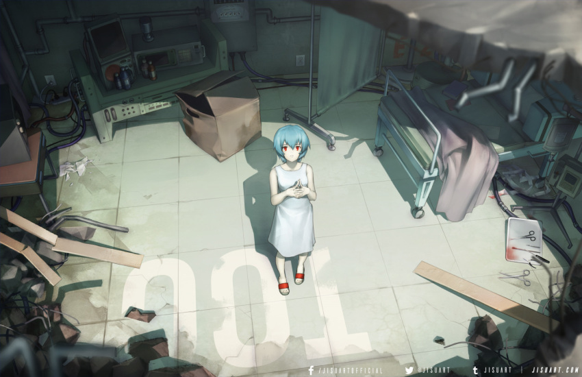 1girl, artist_name, ayanami_rei, bed, book, box, breasts, cardboard_box