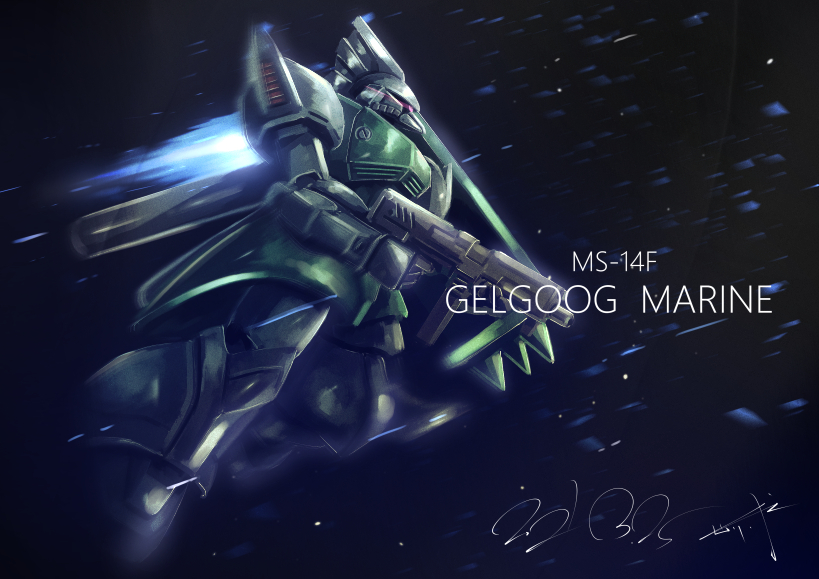 gelgoog_marine, glowing, glowing_eye, gun, gundam, gundam_0083, holding, holding_gun