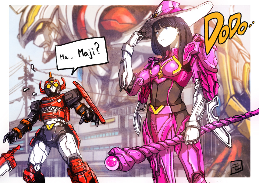 1girl, 2boys, absurdres, armor, bangs, black_hair, blue_eyes, breasts