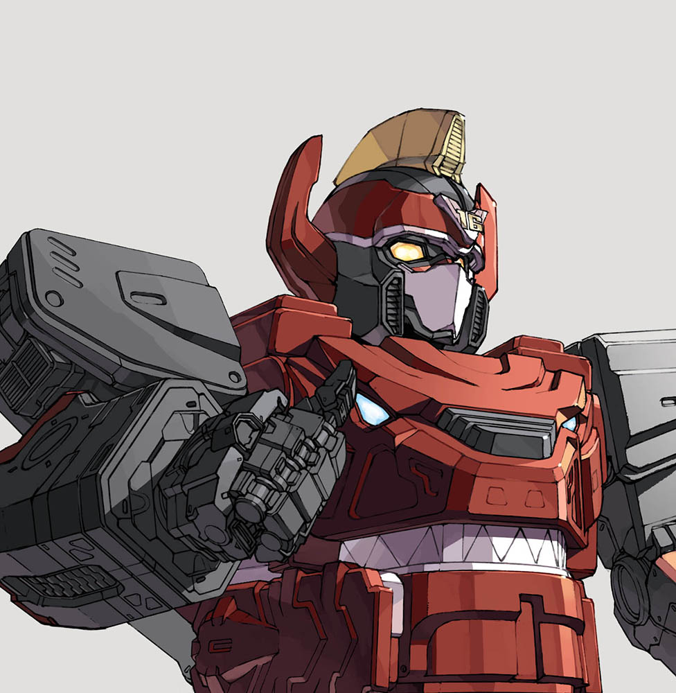 1boy, grey_background, horns, kikai_sentai_zenkaiger, looking_ahead, mecha, nishii_(nitroplus), no_humans, science_fiction, solo, super_sentai, thumbs_up, tokusatsu, yellow_eyes, zenkai_juran