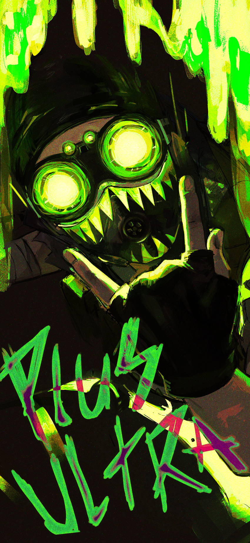 1boy, \n/, absurdres, apex_legends, bandaged_arm, bandages, black_headwear, glowing, glowing_eyes, goggles, head_tilt, highres, looking_at_viewer, male_focus, mask, mouth_mask, mowar25, octane_(apex_legends), slime_(substance), solo