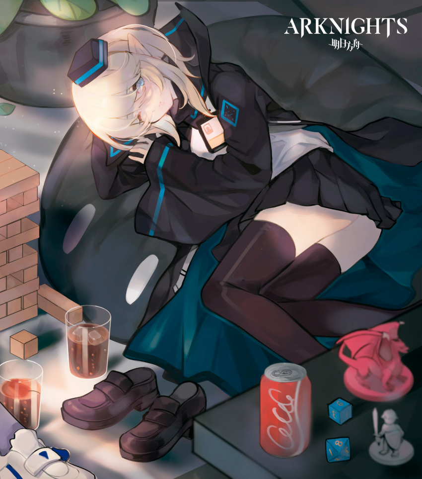 1girl, alpaca_carlesi, arknights, bangs, black_headwear, black_legwear, black_skirt, blonde_hair