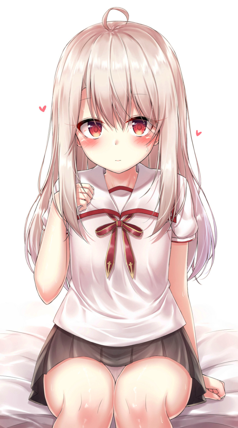 1girl, ahoge, akira_(been0328), bangs, bed_sheet, black_skirt, blush, bow