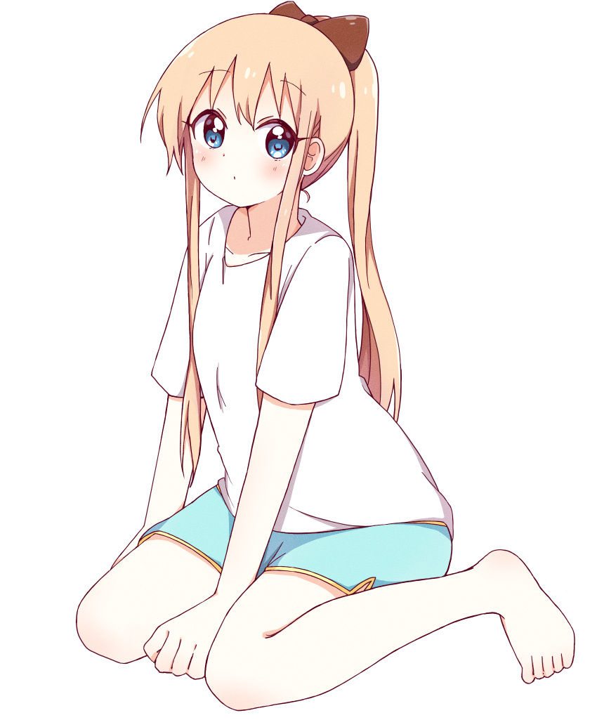 1girl, alternate_hairstyle, arm_support, bangs, barefoot, between_legs, blonde_hair, blue_eyes