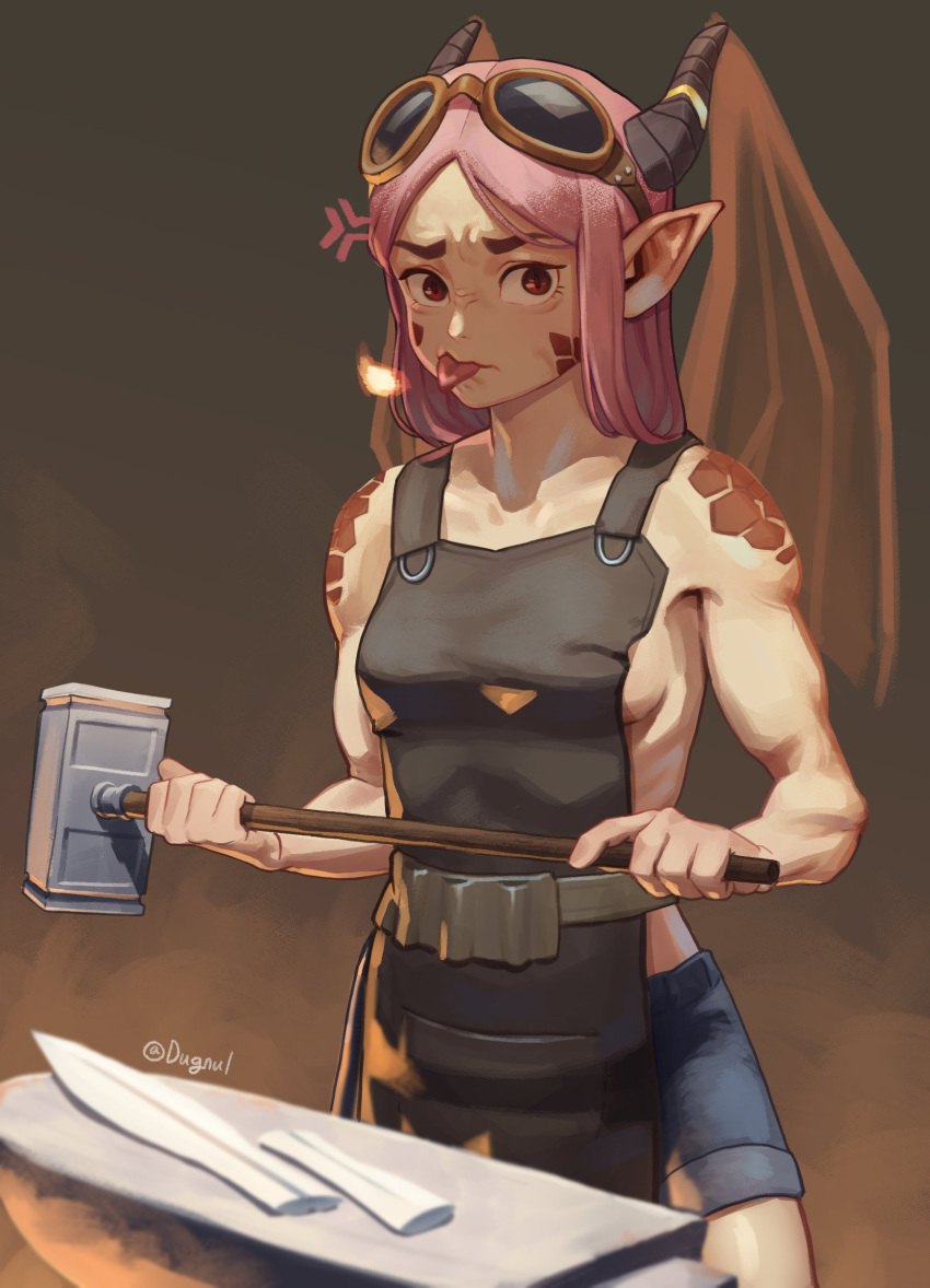 1girl, apron, black_apron, blue_shorts, breasts, dragon_girl, dragon_horns, dragon_tail