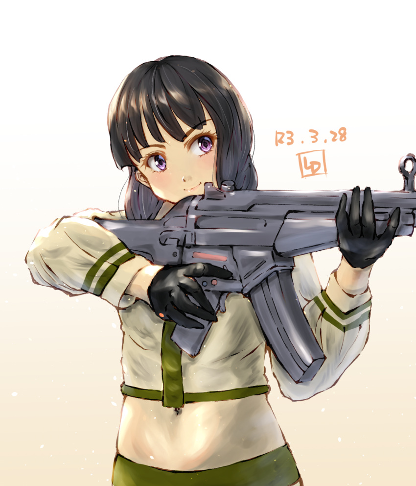 1girl, aiming, artist_logo, bangs, beige_serafuku, black_gloves, black_hair, blunt_bangs