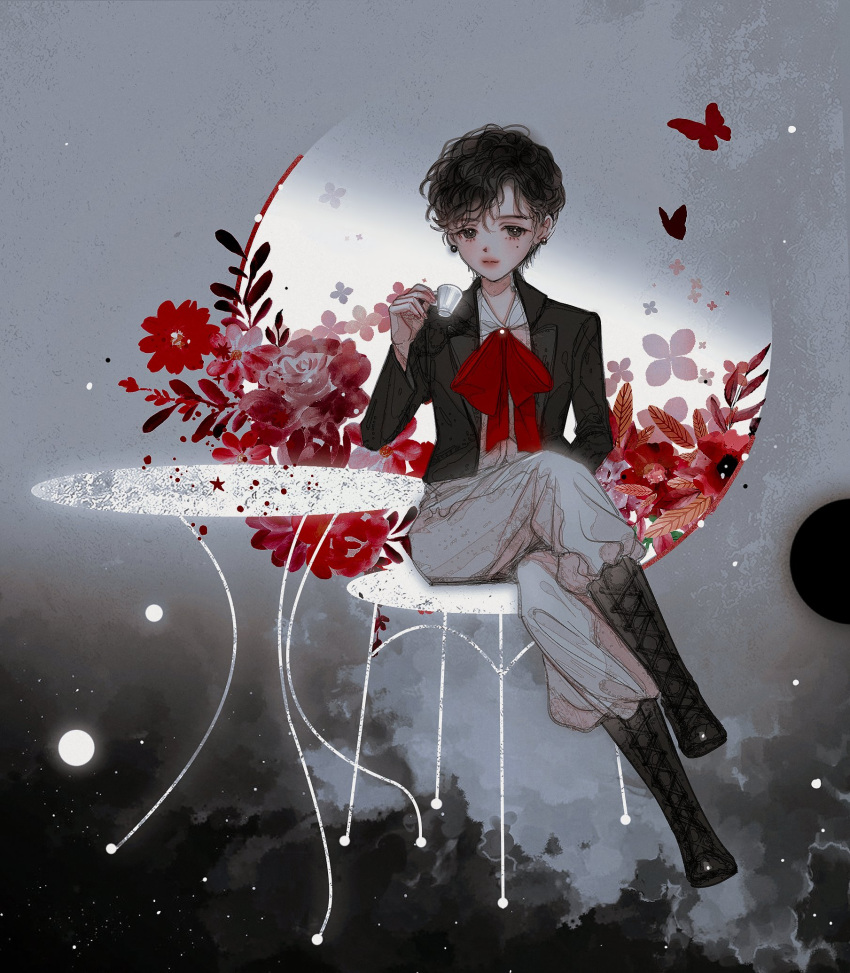 1girl, black_footwear, black_hair, black_jacket, boots, bug, butterfly, chair, cup, death_mogi, earrings, flower, full_body, grey_pants, highres, insect, jacket, jewelry, original, pants, red_flower, red_neckwear, short_hair, sitting, solo, table