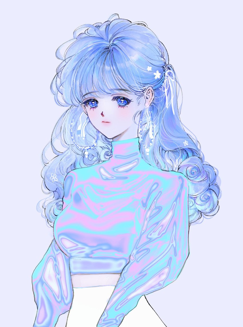 1girl, bangs, blue_eyes, blue_hair, curly_hair, death_mogi, earrings, highres