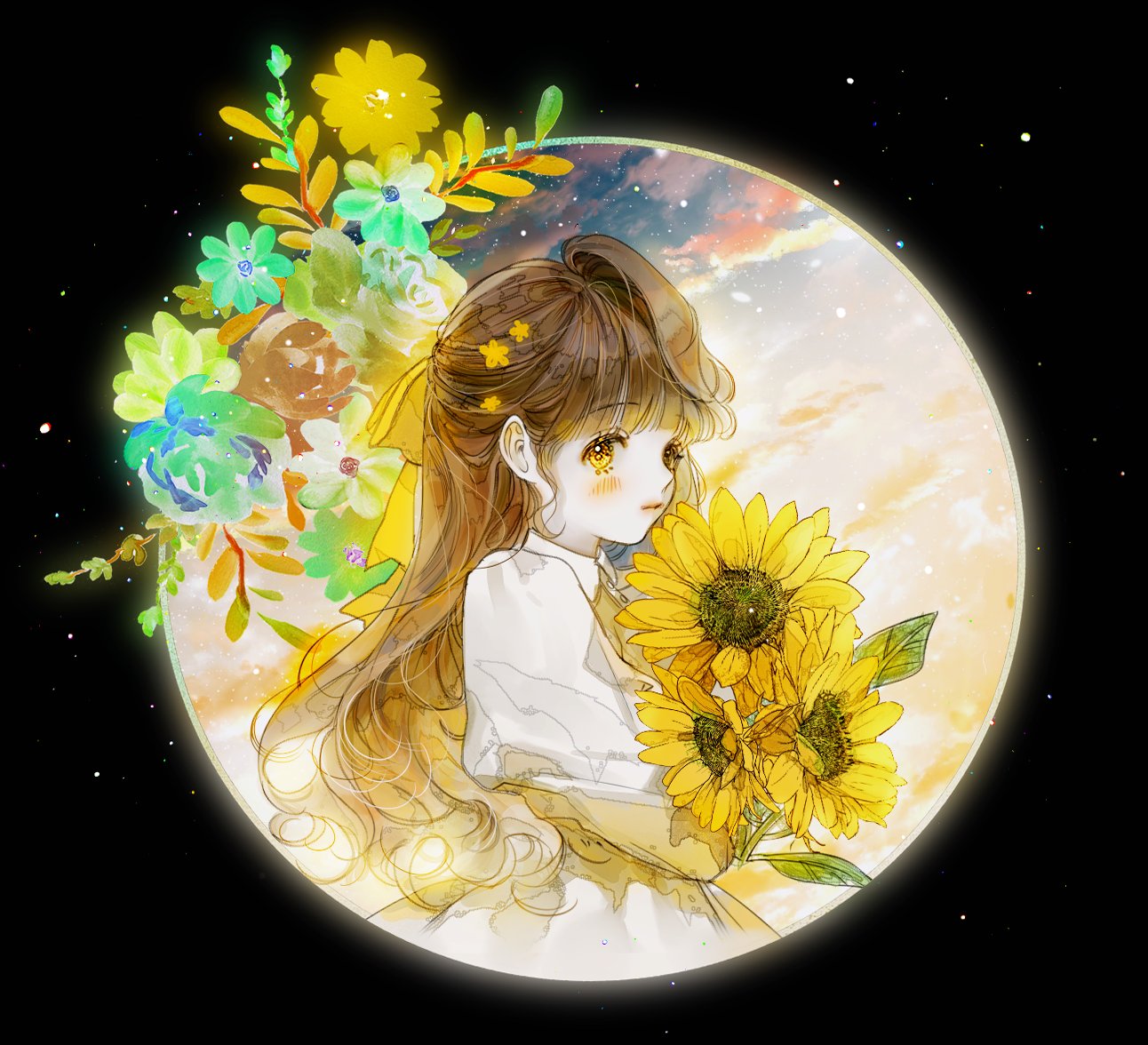 1girl, bangs, brown_hair, circle, death_mogi, dress, eyebrows_visible_through_hair, flower