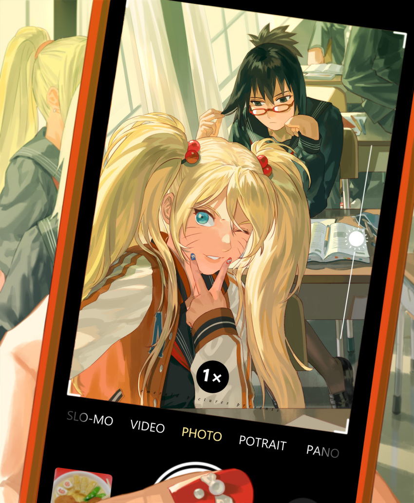 4girls, black_hair, blonde_hair, blue_eyes, bow, brown_legwear, genderswap, genderswap_(mtf)