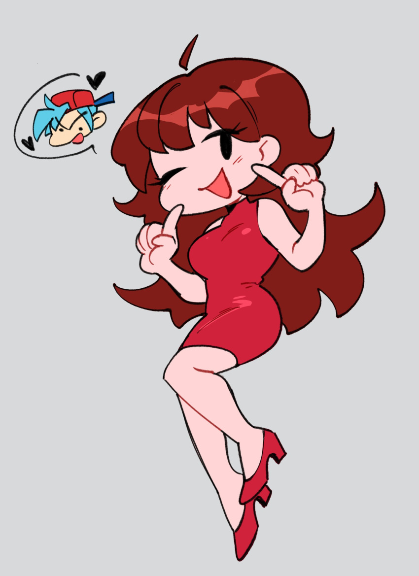 1girl, boyfriend_(friday_night_funkin'), brown_hair, dress, friday_night_funkin', full_body, girlfriend_(friday_night_funkin'), grey_background
