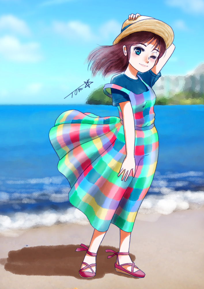 1girl, beach, blue_eyes, blue_shirt, blue_sky, blurry, blurry_background, brown_hair