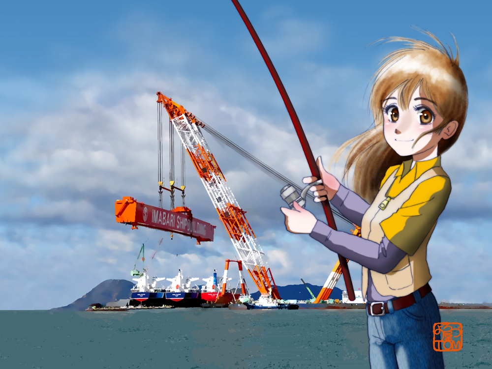1girl, belt, blue_pants, blue_sky, blush, brown_eyes, brown_hair, chutohampa