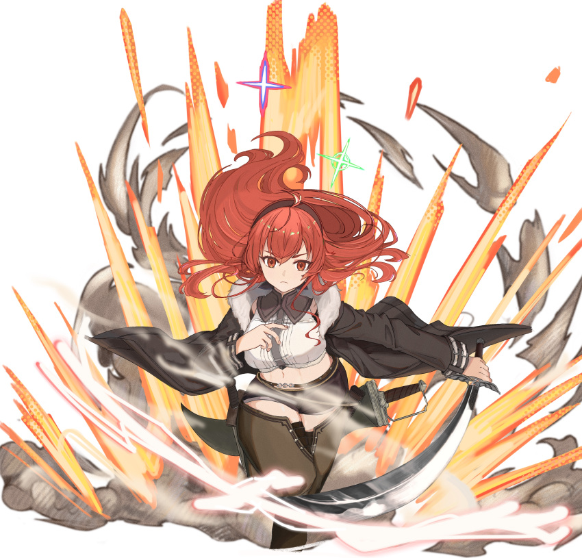 1girl, absurdres, ahoge, bako_(xpohyfeng), bangs, black_hairband, black_jacket, black_shorts, breasts, chaps, closed_mouth, commentary_request, crop_top, cropped_legs, crossed_bangs, eris_greyrat, explosion, eyebrows_visible_through_hair, floating_hair, frown, fur-trimmed_jacket, fur_trim, hair_between_eyes, hairband, highres, holding, holding_sword, holding_weapon, jacket, large_breasts, long_hair, long_sleeves, looking_at_viewer, midriff, mushoku_tensei, navel, older, open_clothes, open_jacket, red_eyes, redhead, sheath, sheathed, shirt, short_shorts, shorts, sidelocks, sleeveless, sleeveless_shirt, smoke, solo, standing, standing_on_one_leg, sword, thick_eyebrows, toned, unsheathed, very_long_hair, weapon, white_shirt