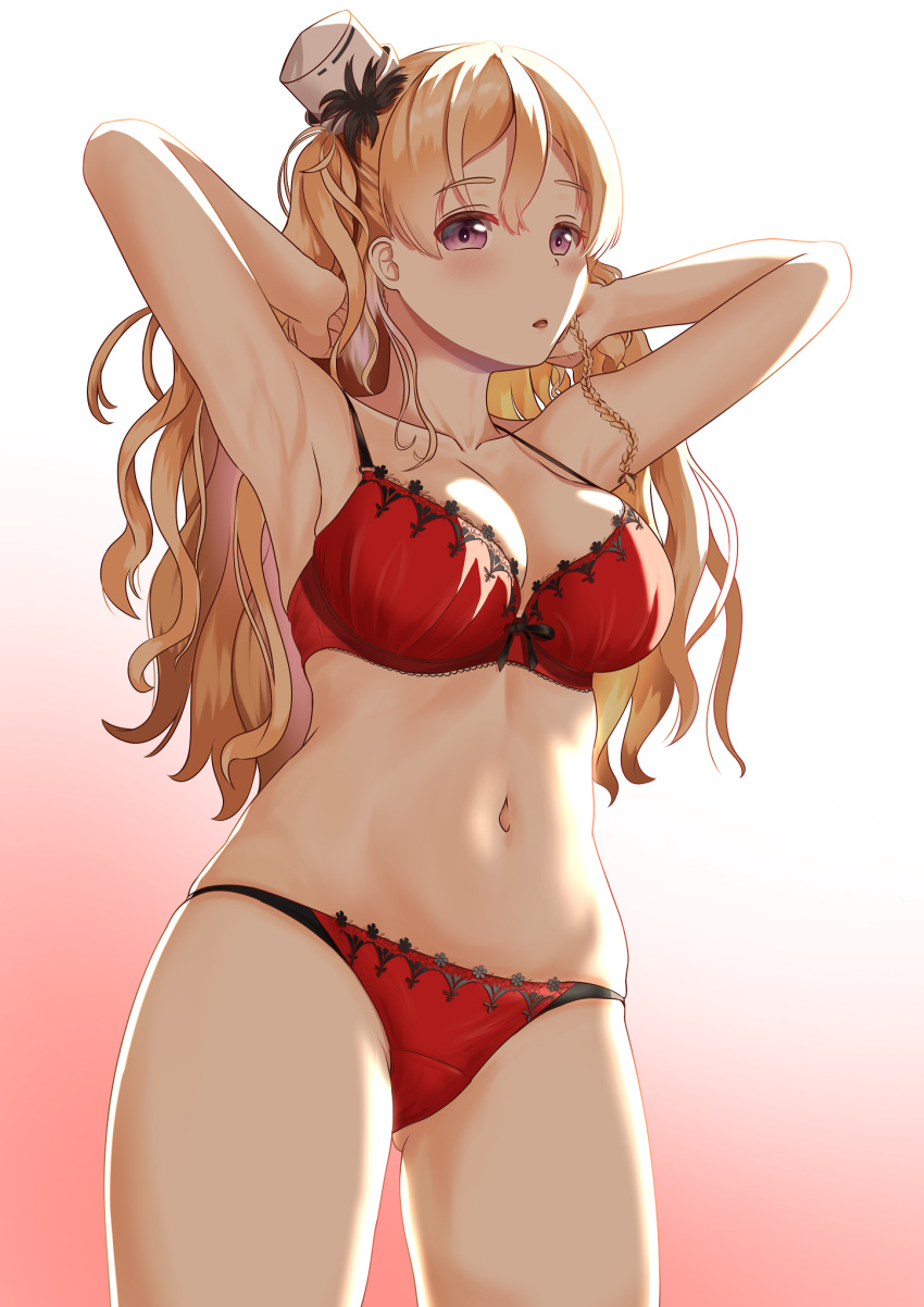 1girl, blonde_hair, bra, braid, breasts, gradient, gradient_background, hat