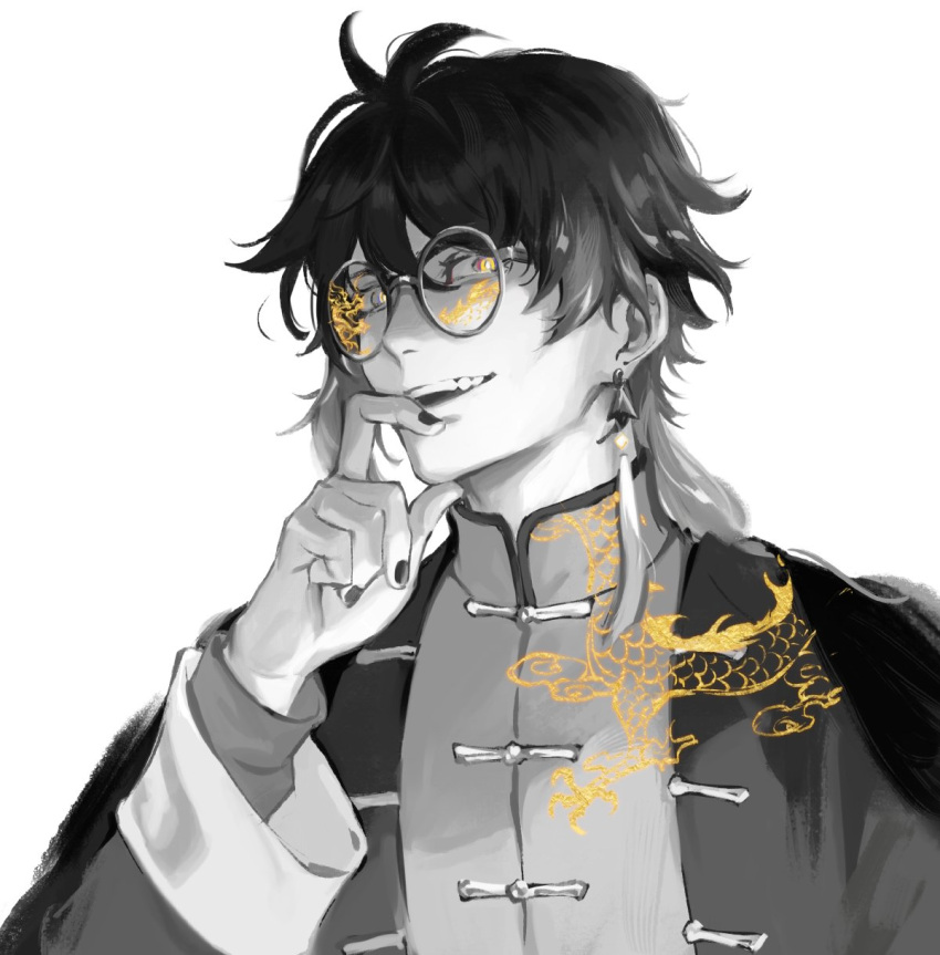 1boy, alternate_costume, bangs, chinese_clothes, dragon_print, earrings, english_commentary, formal, genshin_impact, glasses, gradient_hair, greyscale, hair_between_eyes, hand_on_own_chin, highres, jacket, jewelry, long_hair, long_sleeves, looking_at_viewer, male_focus, monochrome, multicolored_hair, nail_polish, open_mouth, partially_colored, ponytail, reneelric, round_eyewear, simple_background, single_earring, smile, solo, suit, tassel, tassel_earrings, white_background, yellow_eyes, zhongli_(genshin_impact)