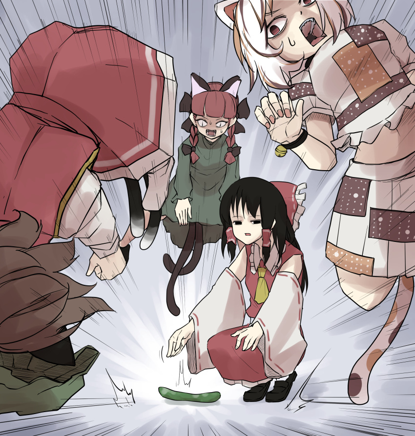 4girls, ^^^, absurdres, animal_ears, ascot, bangs, bell, black_hair