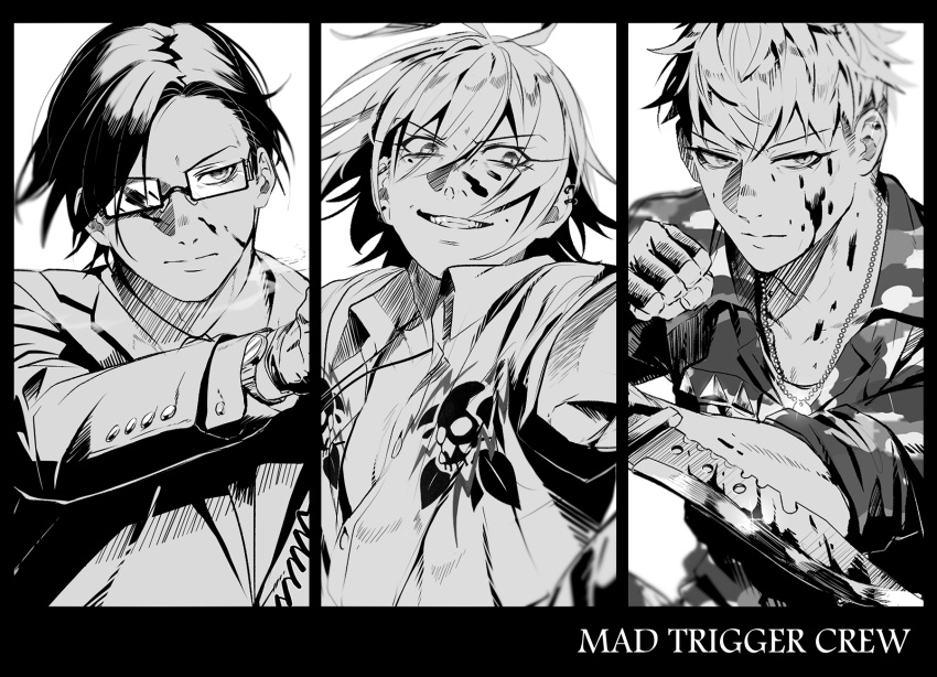 3boys, aohitsugi_samatoki, blood, blood_on_face, blood_splatter, busujima_riou_mason, camouflage, combat_knife, dog_tags, formal, glasses, gloves, greyscale, grin, gun, handgun, highres, holding, holding_gun, holding_knife, holding_weapon, hypnosis_mic, iruma_juuto, jewelry, knife, mad_trigger_crew, male_focus, monochrome, multiple_boys, necktie, punching, reverse_grip, shirt, simple_background, smile, suit, take_bayashi_3d, undercut, weapon