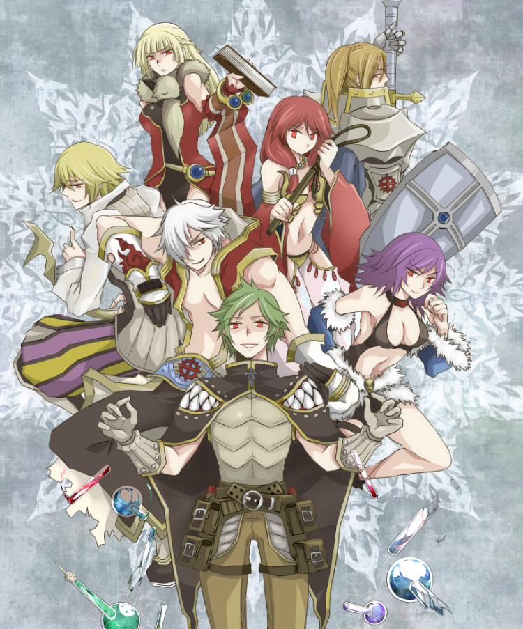 3girls, 4boys, alphoccio_basil, animal_around_neck, armor, bangs, belt, bikini