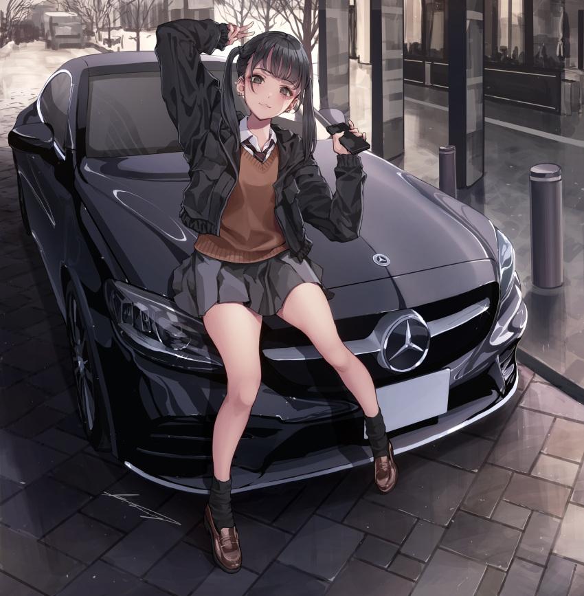 1girl, absurdres, arm_up, black_eyes, black_hair, black_jacket, black_skirt, brown_cardigan