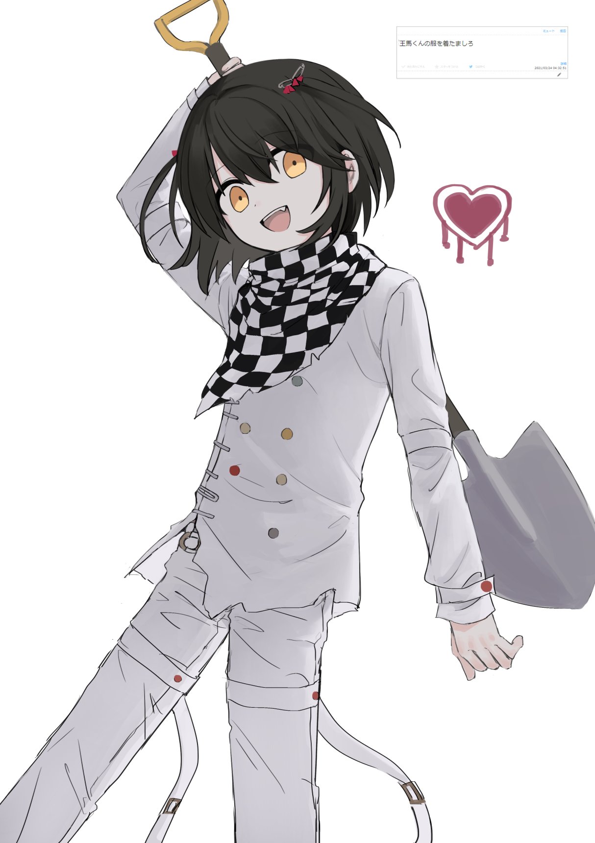 1girl, arm_up, bangs, brown_eyes, brown_hair, buttons, character_request, checkered